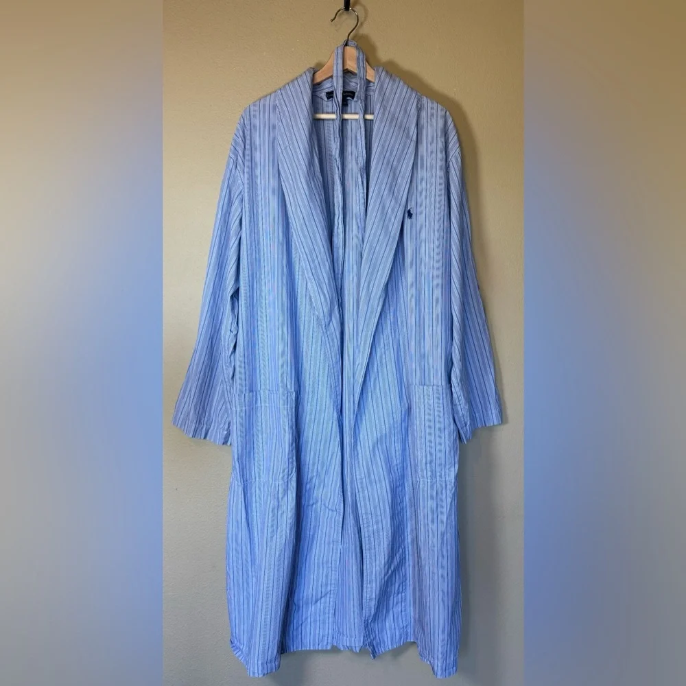 Polo Ralph Lauren Blue and White Striped Cotton Classic Robe Size S/M
